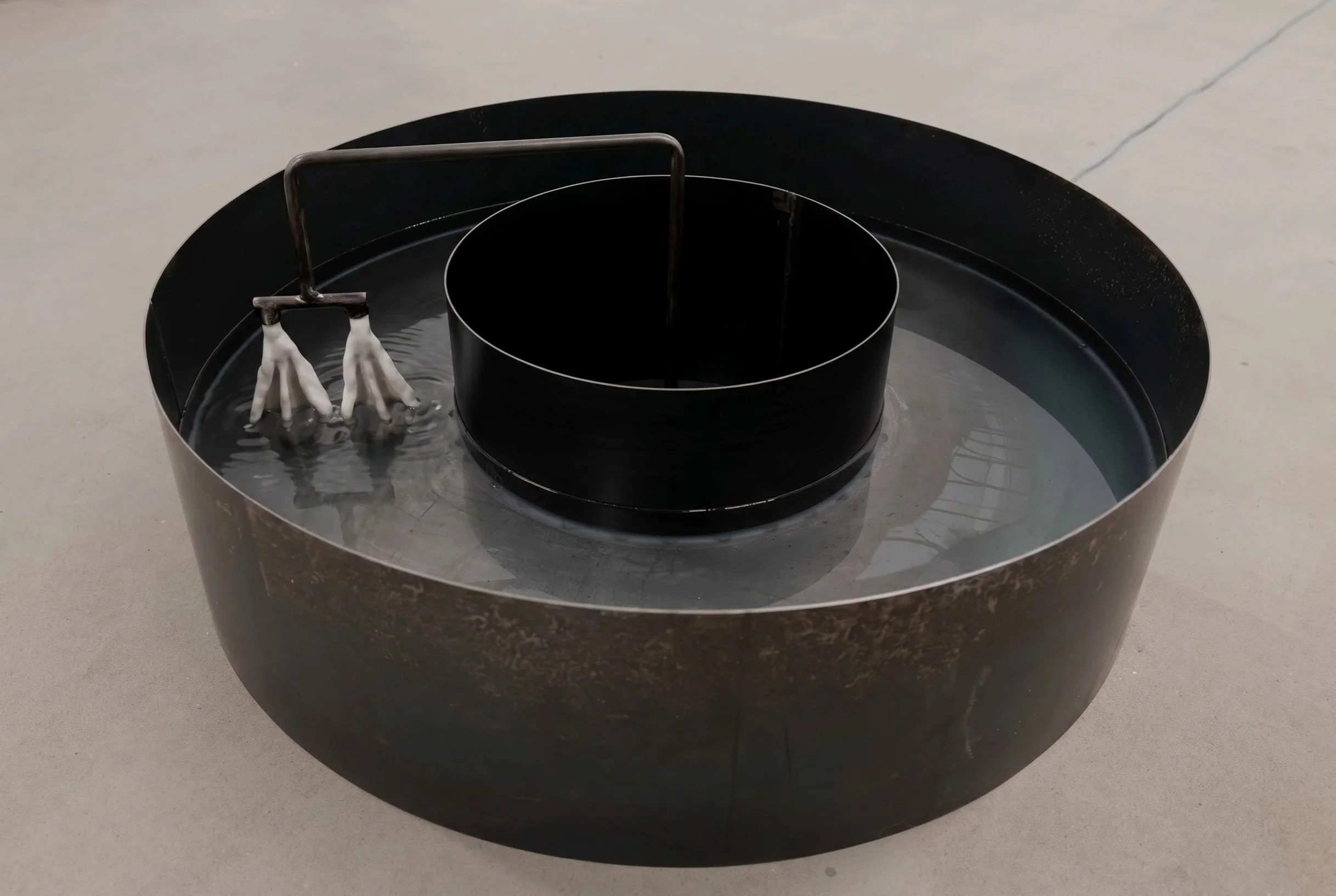Assisted Swim, 2026. Steel, porcelain, water and motor ― 36 x 36 x 10 in
