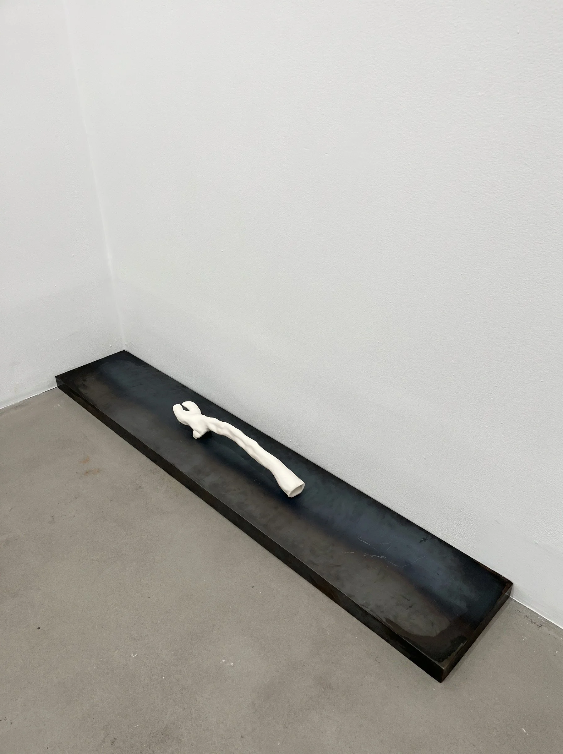 Trophy Leg (details), 2026. Porcelain and steel, 68 x 12 x 7 in
