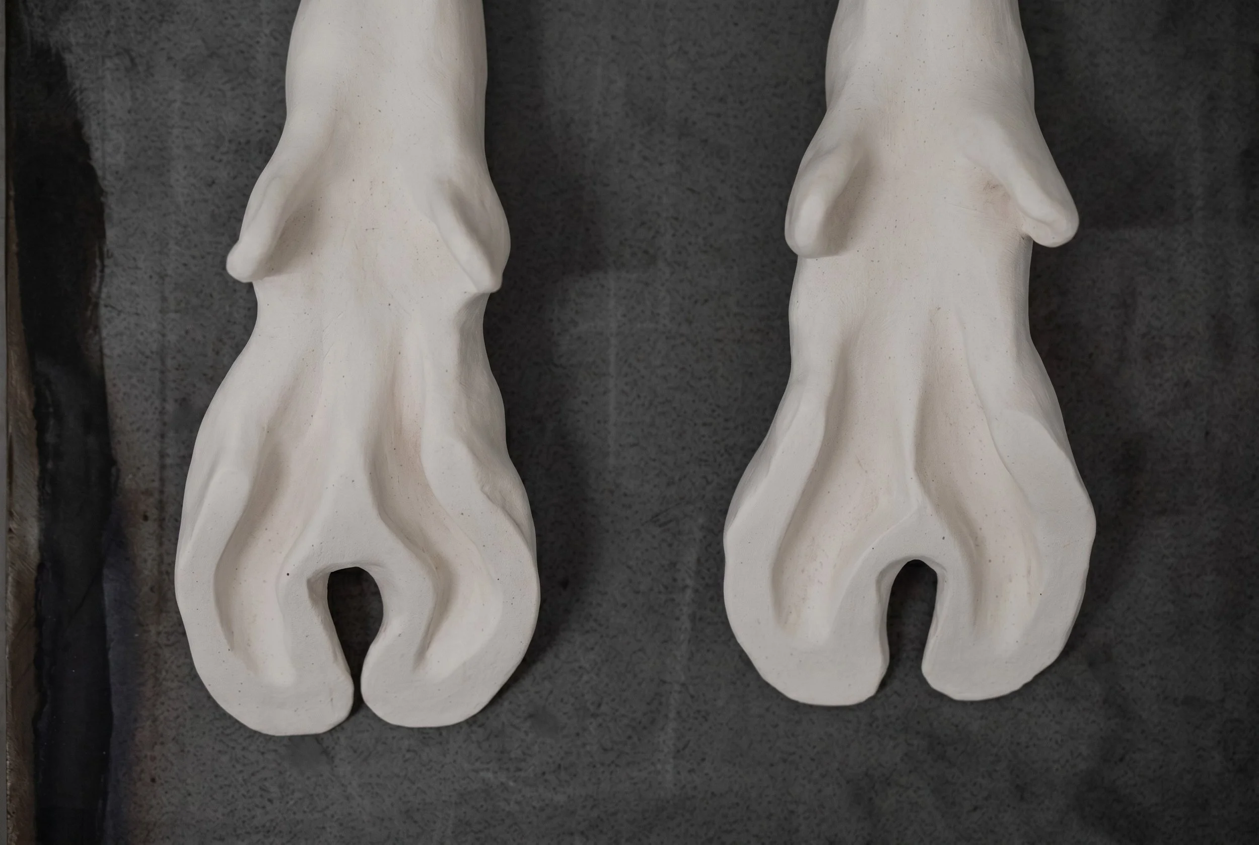 Prescribed Posture (details), 2026. Porcelain and steel ― 52 x 12 x 11 in