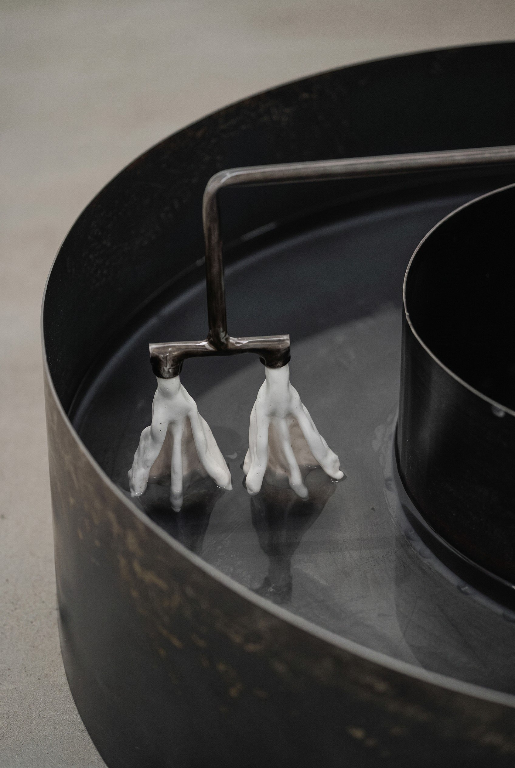 Assisted Swim (details), 2026. Steel, porcelain, water and motor ― 36 x 36 x 10 in