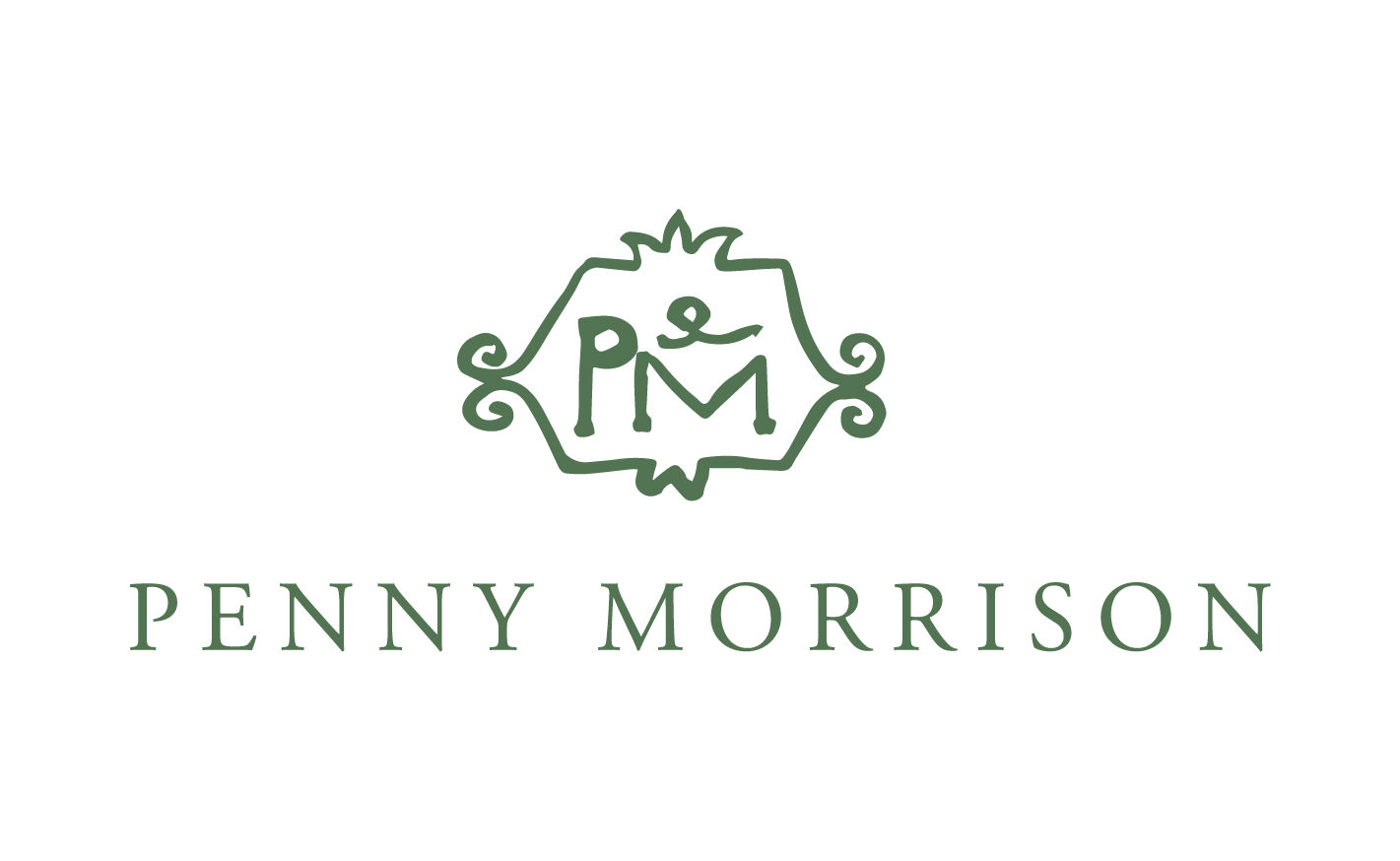 Logo for Penny Morrison featuring a decorative border with initials 'PM' and the name 'Penny Morrison' in elegant green text.