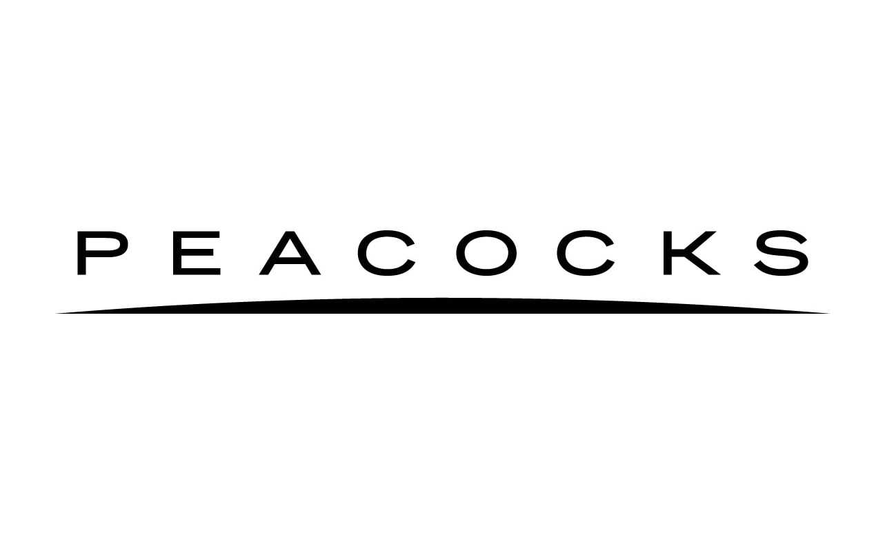 Peacock logo with the word 'PEACOCKS' below a swooping underline.