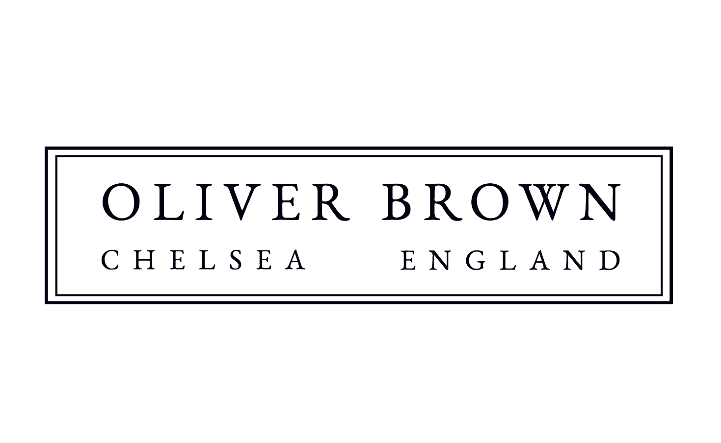 A logo with the text "Oliver Brown Chelsea England" in black on a white background, enclosed in a double-line rectangular border.