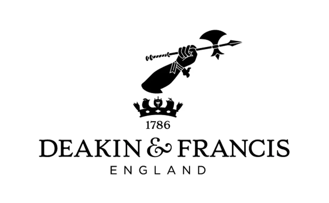 A black and white logo featuring a raised fist holding an arrow with a axe shaped end, a crown below the fist, the year 1786, and the text "Deakin & Francis England".