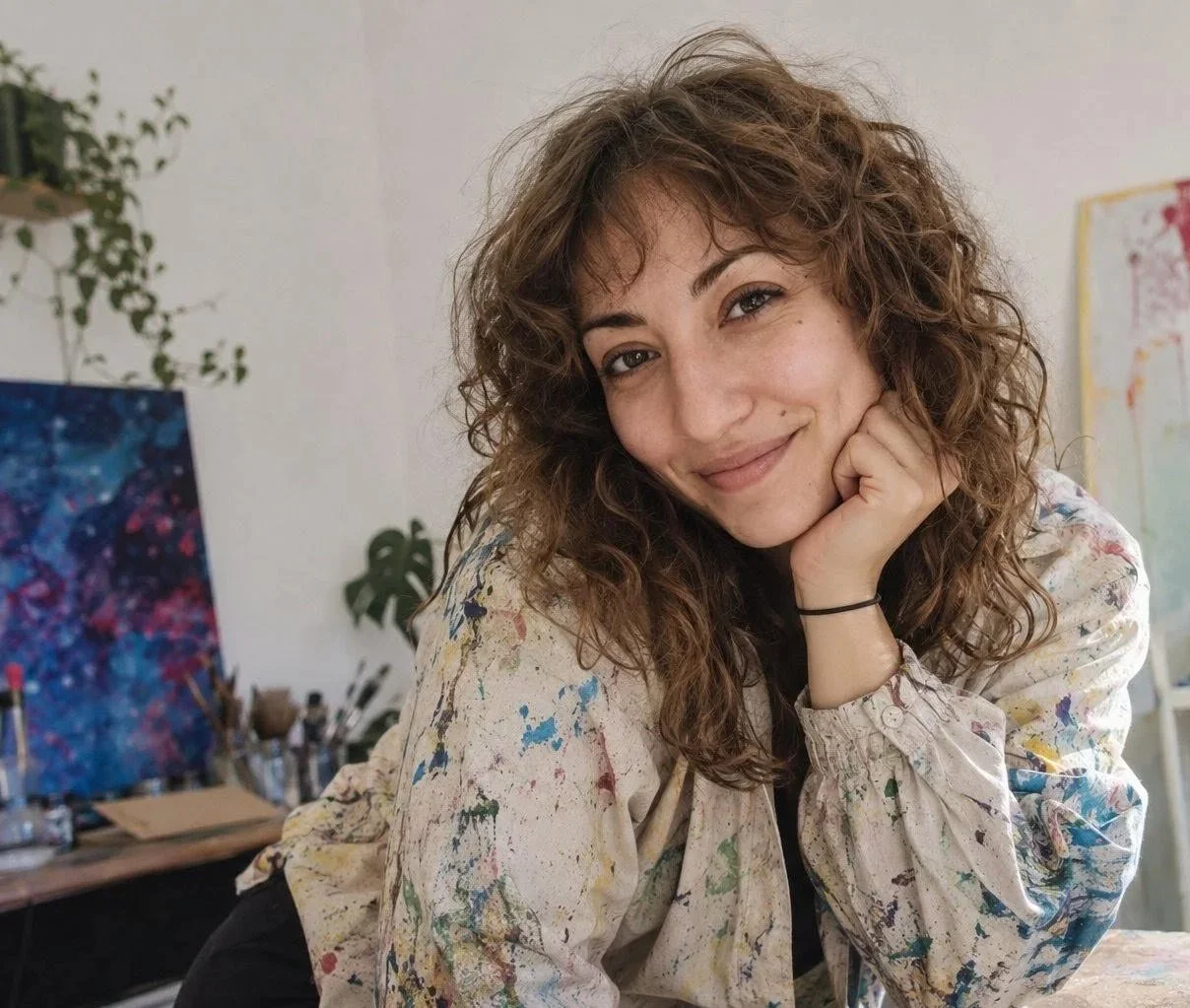 L'artiste Echorys, une femme aux cheveux bouclés, souriante, portant une veste tachée de peinture, dans un atelier d'art avec des peintures en arrière-plan.