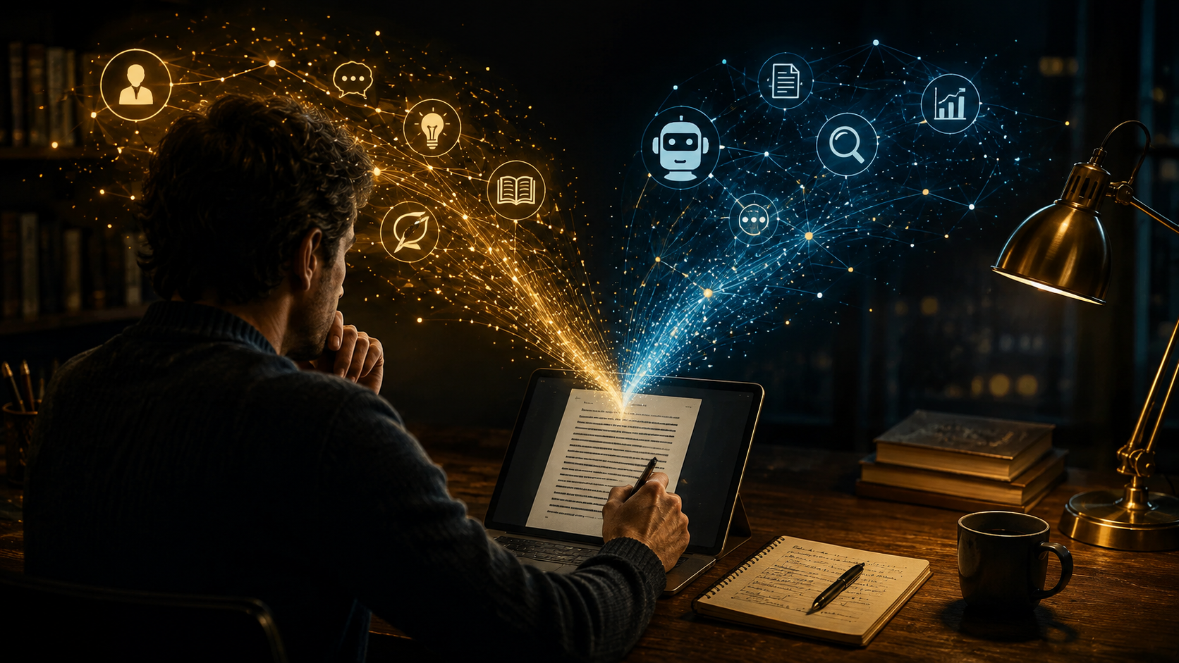Writer combining human judgement and AI-generated insights while reviewing content at a desk.