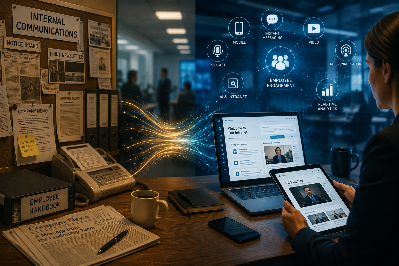 Evolution of internal communications from printed newsletters and noticeboards to digital channels, AI and real-time employee engagement.