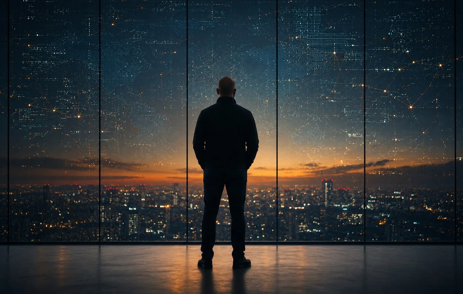 A man standing in front of a large window overlooking a cityscape at sunset, with a world map made of lights overlayed on the sky.