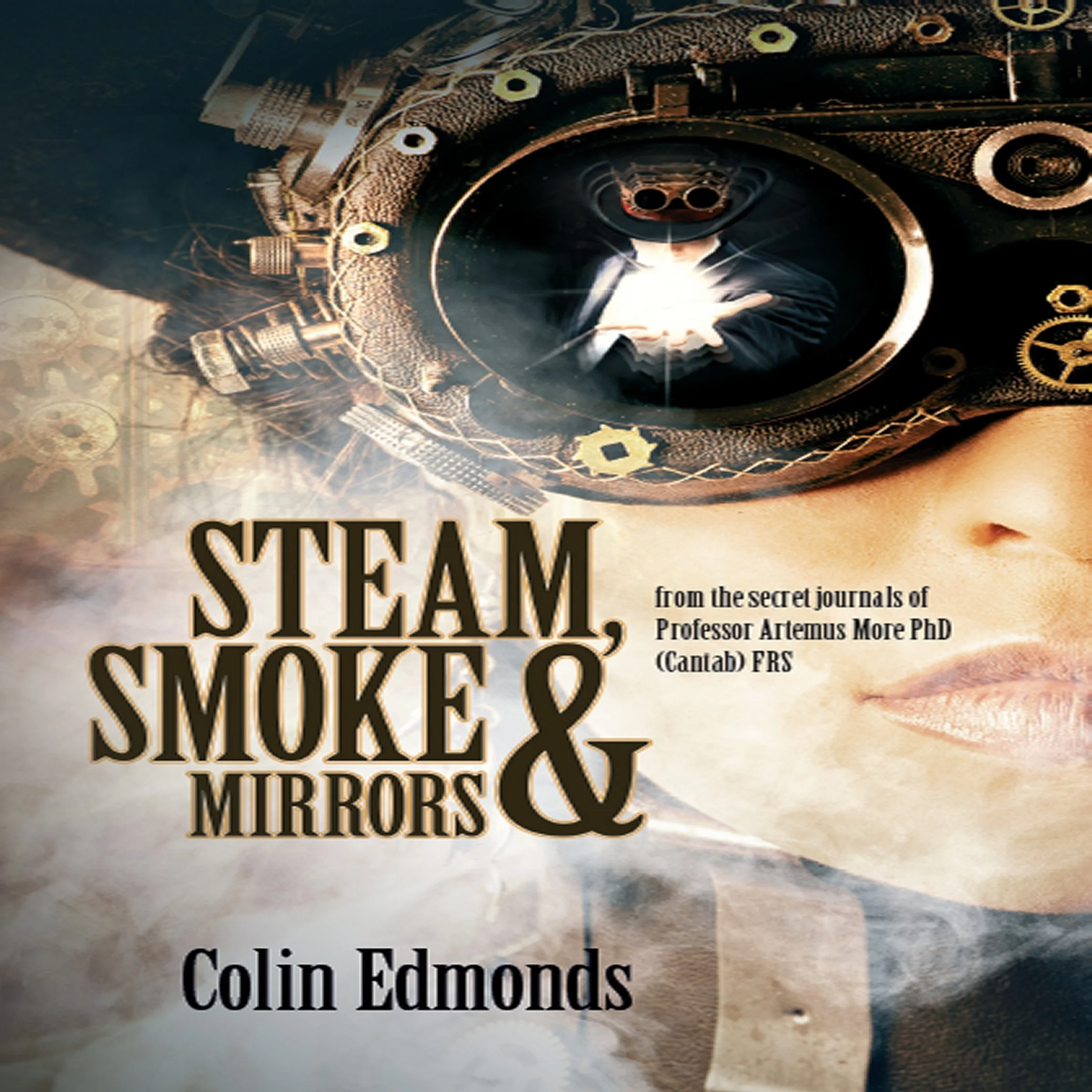 Close-up of a book cover featuring a steampunk-inspired design with gears and metallic elements. The book's title and author's name are partially visible.