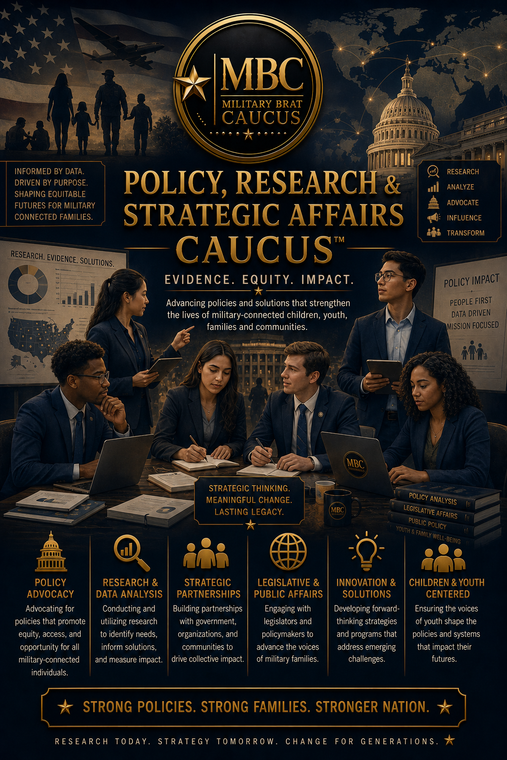MBC Military Brat Caucus. Features a group of diverse young adults engaged in research and discussion, with charts, the U.S. Capitol, and a world map in the background. Highlights include policy advocacy, research and data analysis, strategic partnerships, legislative and public affairs, innovation and solutions, and children and youth centered initiatives.