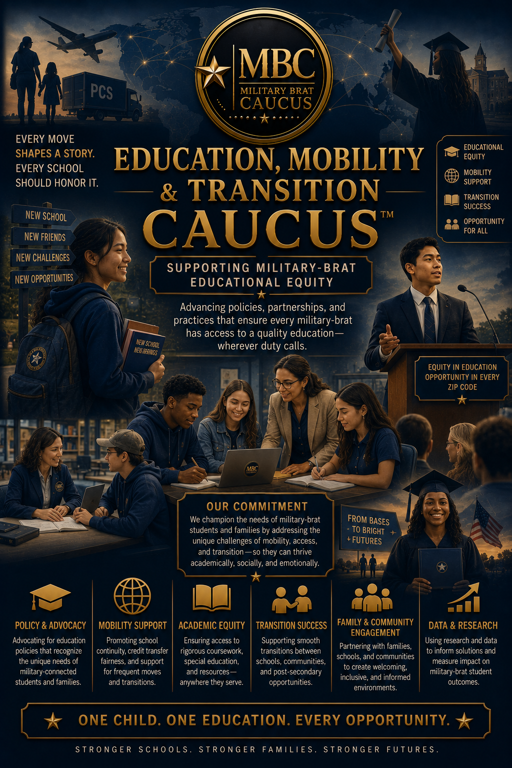 Military Brat Caucus focused on education, mobility, and transition support for military families and students. Features images of students, a speaker at a podium, and various icons representing policy advocacy, academic equity, and community engagement.