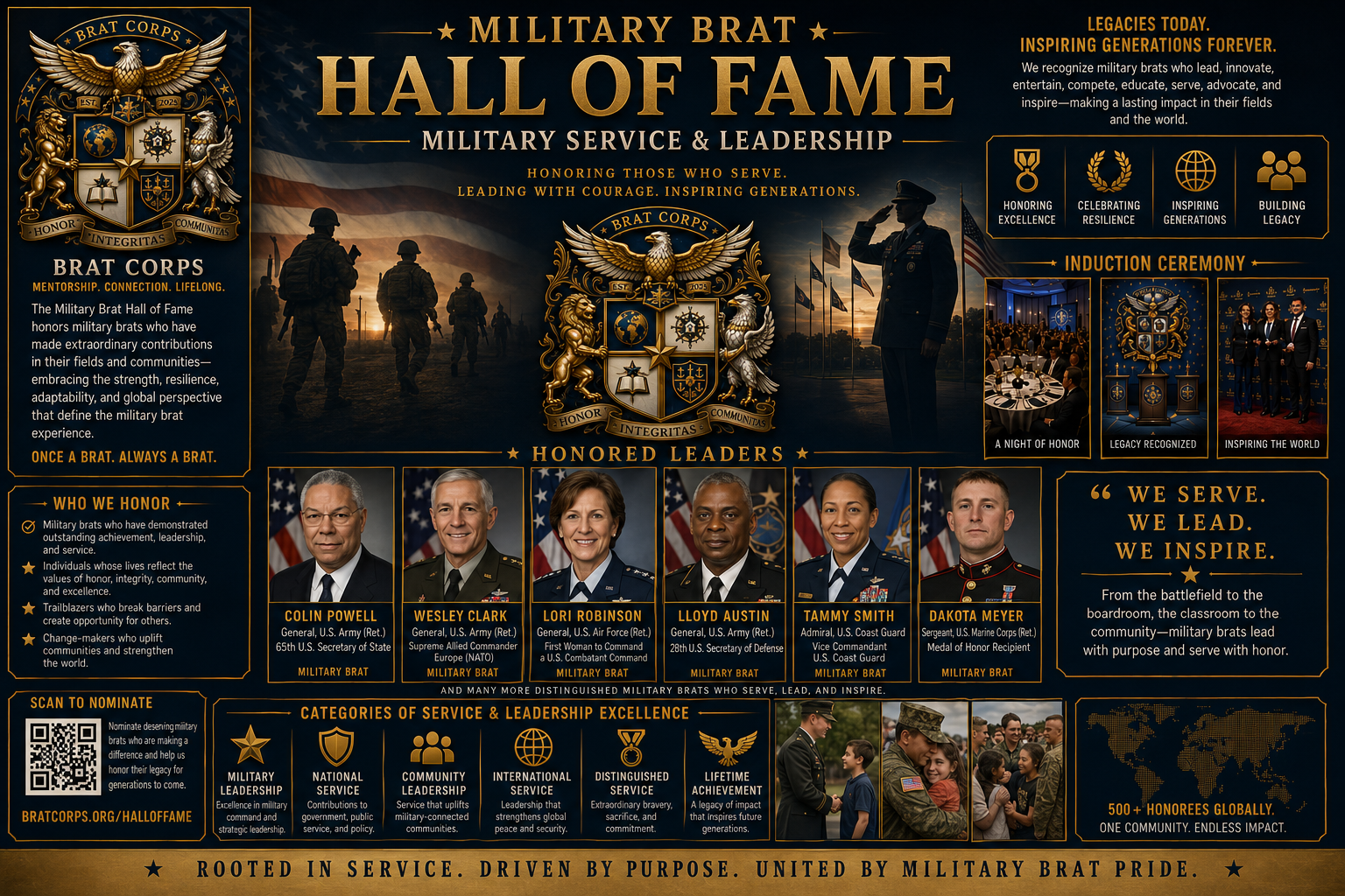 Military Brat Hall of Fame poster featuring a large crest with an eagle, shield, and banners; supporting soldiers and flags; honorees with photos; and sections on leadership, service categories, and induction ceremony.