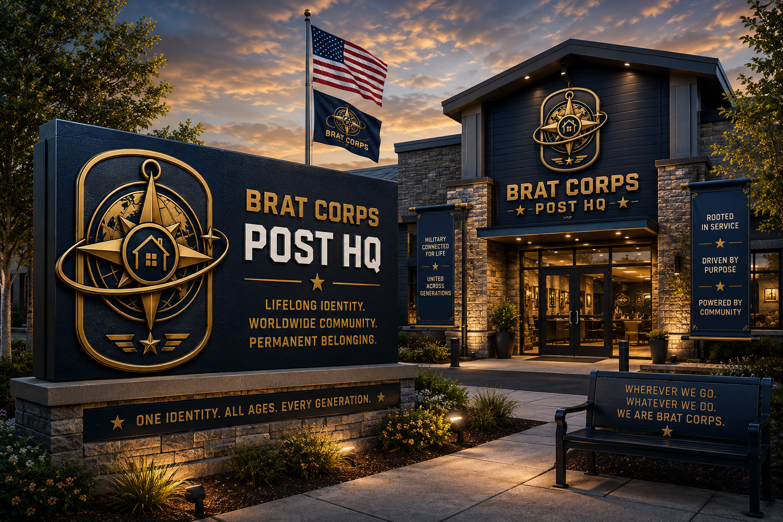 Exterior view of a Brat Corps Post Headquarters building during sunset with a large sign displaying the organization's emblem and motto, American flag and military flag flying above, glass entrance doors, blue banners with mission statements, and a black bench with organization motto.