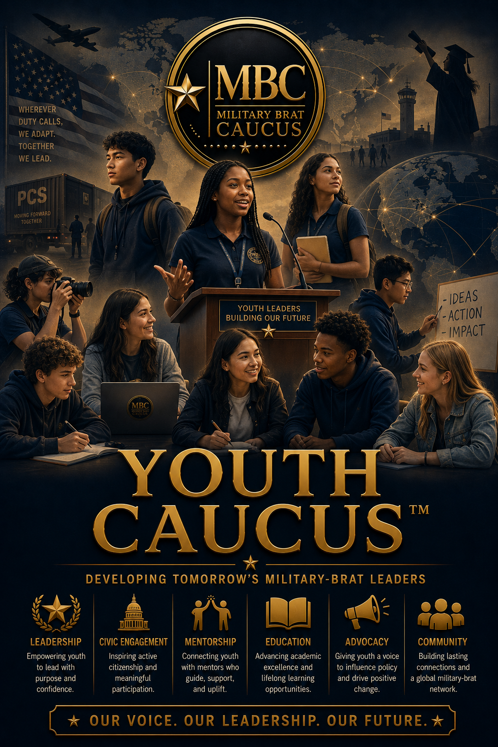 Military Brat Caucus featuring youth leaders at a podium, with others discussing, taking notes, and using cameras. Background includes a world map, military imagery, and the slogan 'Youth Leaders Building Our Future'. Highlights include themes of leadership, civic engagement, mentorship, education, advocacy, and community building.