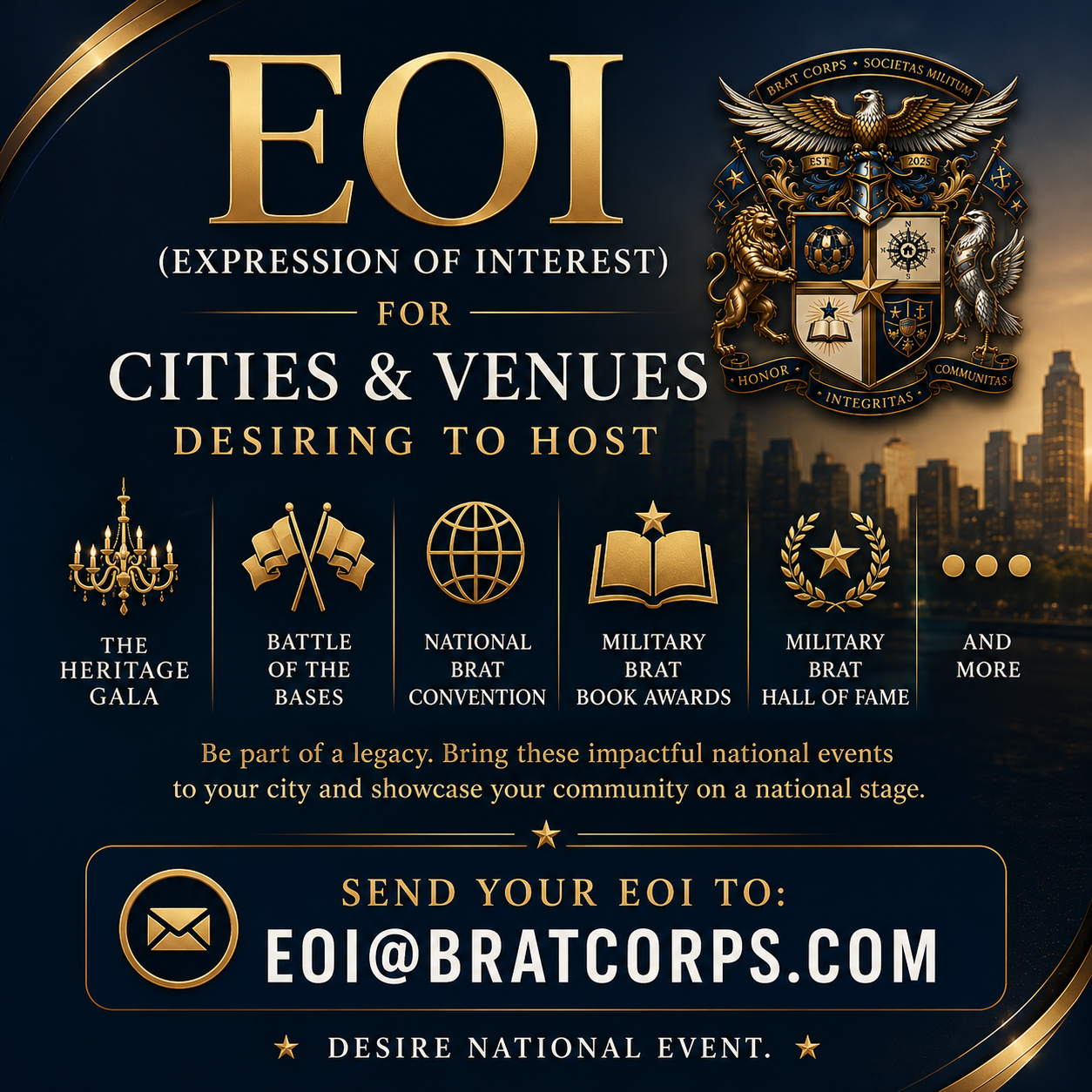 Promotional poster for a national event highlighting opportunities for cities and venues to host. The poster features large gold text reading 'EOI (Expression of Interest) for Cities & Venues' and includes icons for various events such as a gala, bases, a globe, a book, and a laurel wreath. There is a crest at the top right with an eagle, lions, and heraldic symbols. The background depicts a city skyline at sunset. Contact information for submissions is displayed at the bottom.