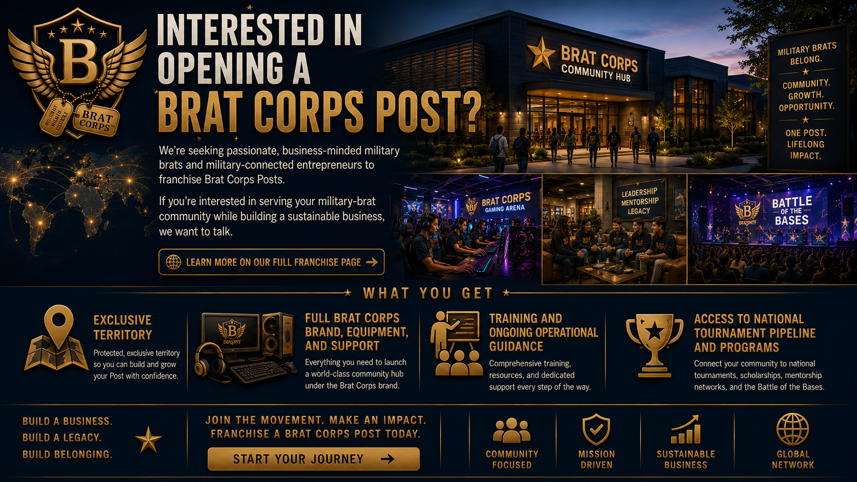 Brat Corps, a franchise opportunity targeting military-connected entrepreneurs. The flyer features the Brat Corps logo, images of a community hub with gaming and leadership events, and details about franchise benefits such as exclusive territory, equipment support, training, and national tournament access. The background shows a modern building and gaming arena, with text encouraging viewers to join the movement and start their journey.