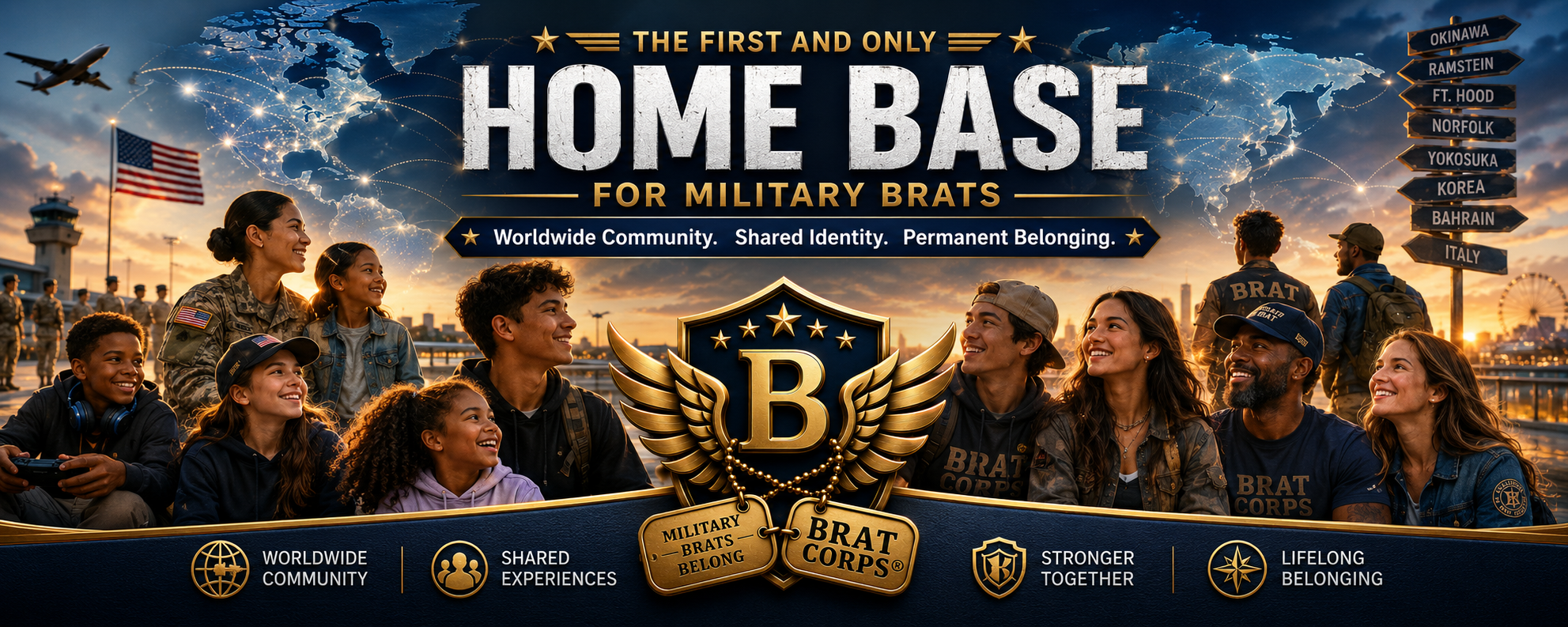 A group of diverse military brats, including children and adults, smiling and looking at each other at an airport gate during sunset. The scene features an American flag, airport control tower, and a city skyline with a Ferris wheel in the background. The image promotes a worldwide community for military families with the text 'The First and Only Home Base for Military Brats,' emphasizing shared identity, belonging, and stronger togetherness.