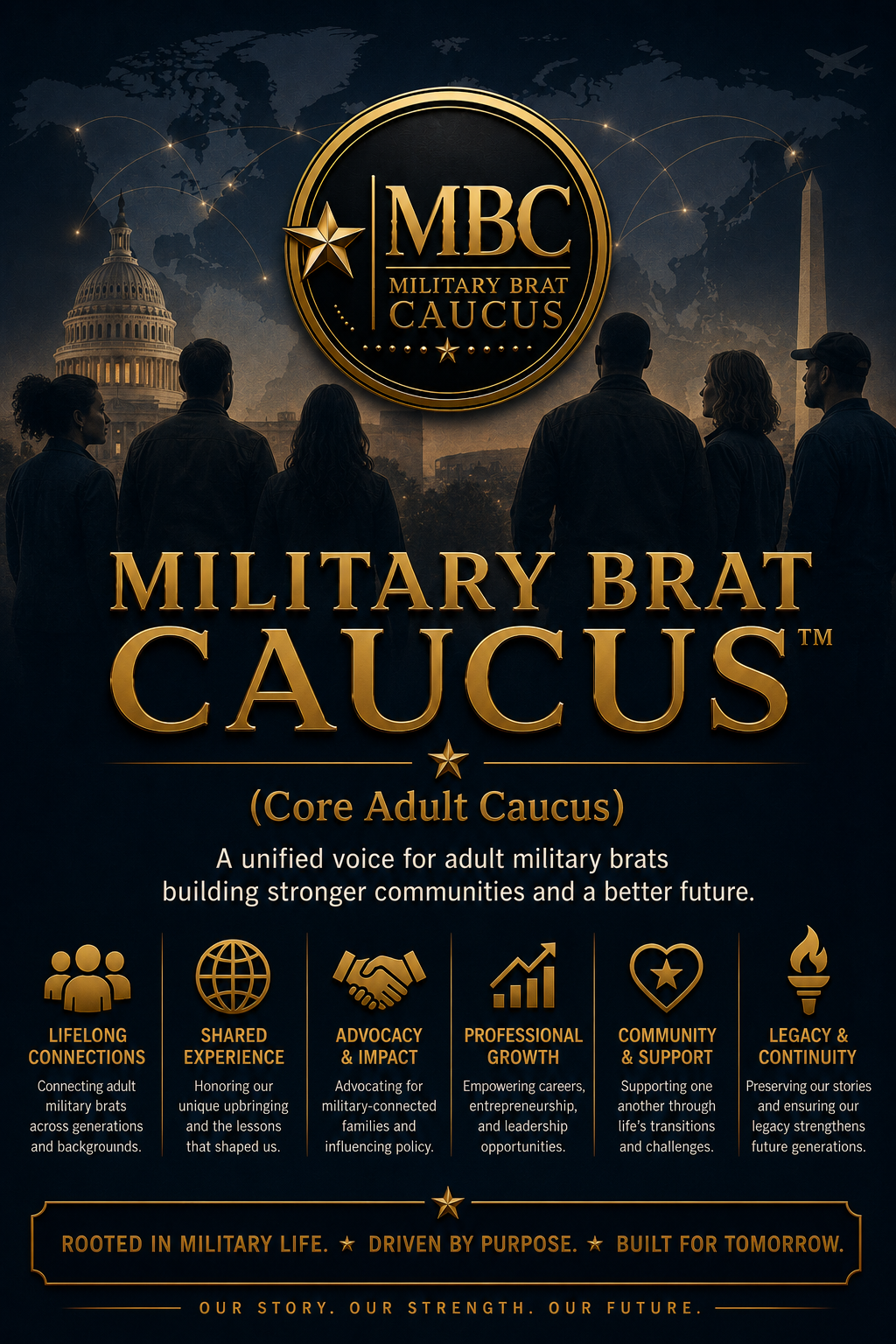 Military Brat Caucus featuring a group of diverse military brats standing in front of a dark background with iconic American landmarks like the Capitol and the Washington Monument, highlighting themes of lifelong connections, shared experience, advocacy, professional growth, community support, and legacy.