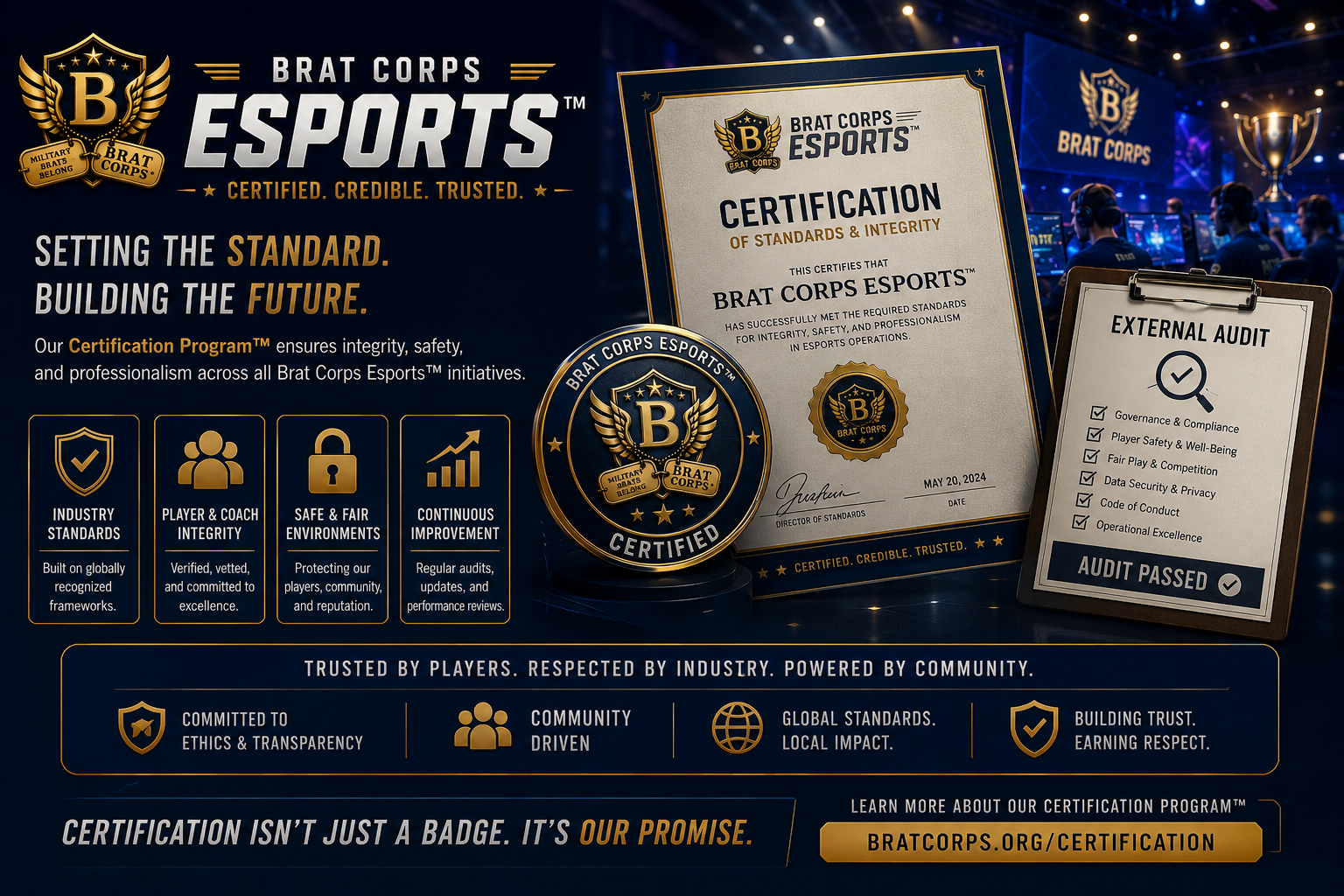 A promotional graphic for Brat Corps Esports highlighting their certification standards, integrity, and community-driven initiatives, with a background of gamers in a tournament setting.
