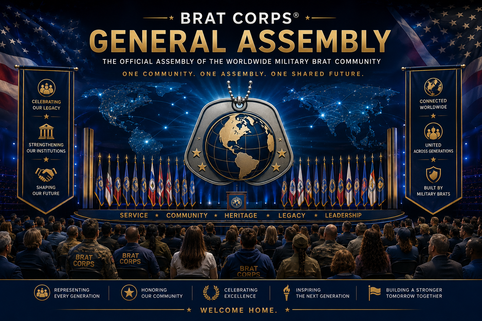 Brat Corps General Assembly stage with US flags, a globe pendant, and a large screen displaying the event name and themes. Audience seated, banners with symbols and words about community, heritage, and leadership.