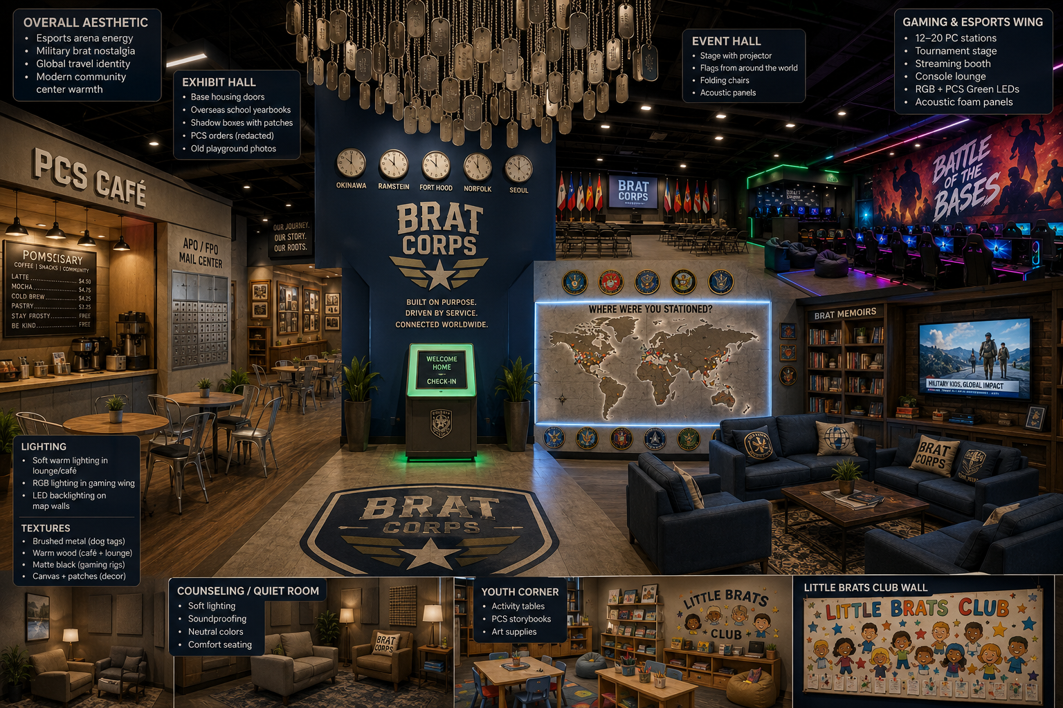 Indoor military-themed space with various designated zones. The main area features a wall with clocks, a large world map illuminated with red dots, and seating with PDS branding. To the left, there is a cafe and mail center. To the right, a gaming area with rainbow lighting and computer stations. Below, cozy rooms for counseling, youth activities, and a children's club with colorful wall art are visible. Signages describe different sections including exhibit hall, event hall, gaming and esports wing, and a military impact news screen.
