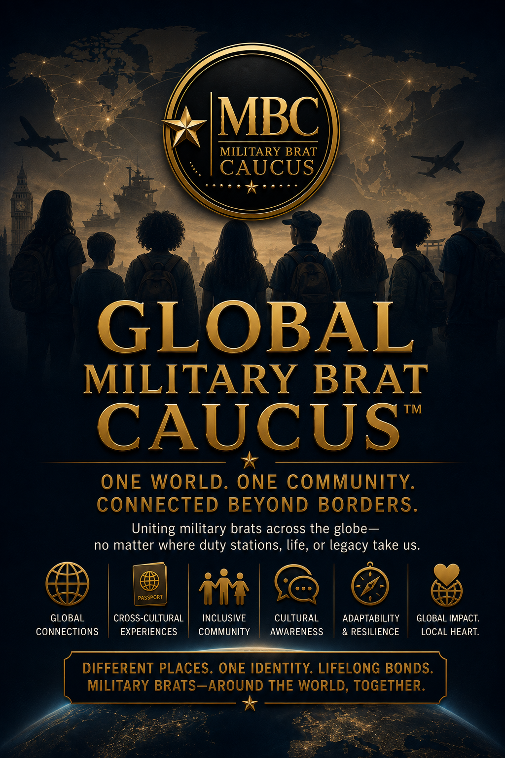 Global Military Brat Caucus showing a group of children and adults in silhouette, with a nighttime world map background, airplanes, ships, and landmarks. The text highlights the caucus's focus on global connections, inclusive community, cultural awareness, resilience, and impact.
