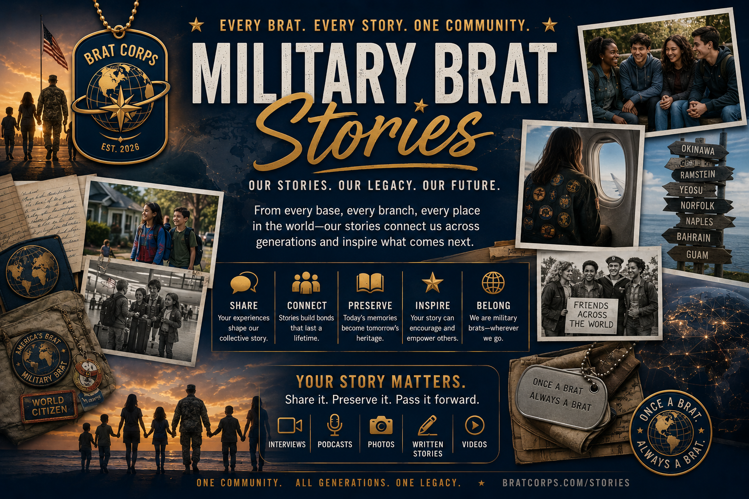 Poster for Military Brat Stories by Brat Corps, featuring images of military families and children, with messages about sharing, connecting, preserving, inspiring, and belonging, emphasizing the importance of military brats' stories and legacy.