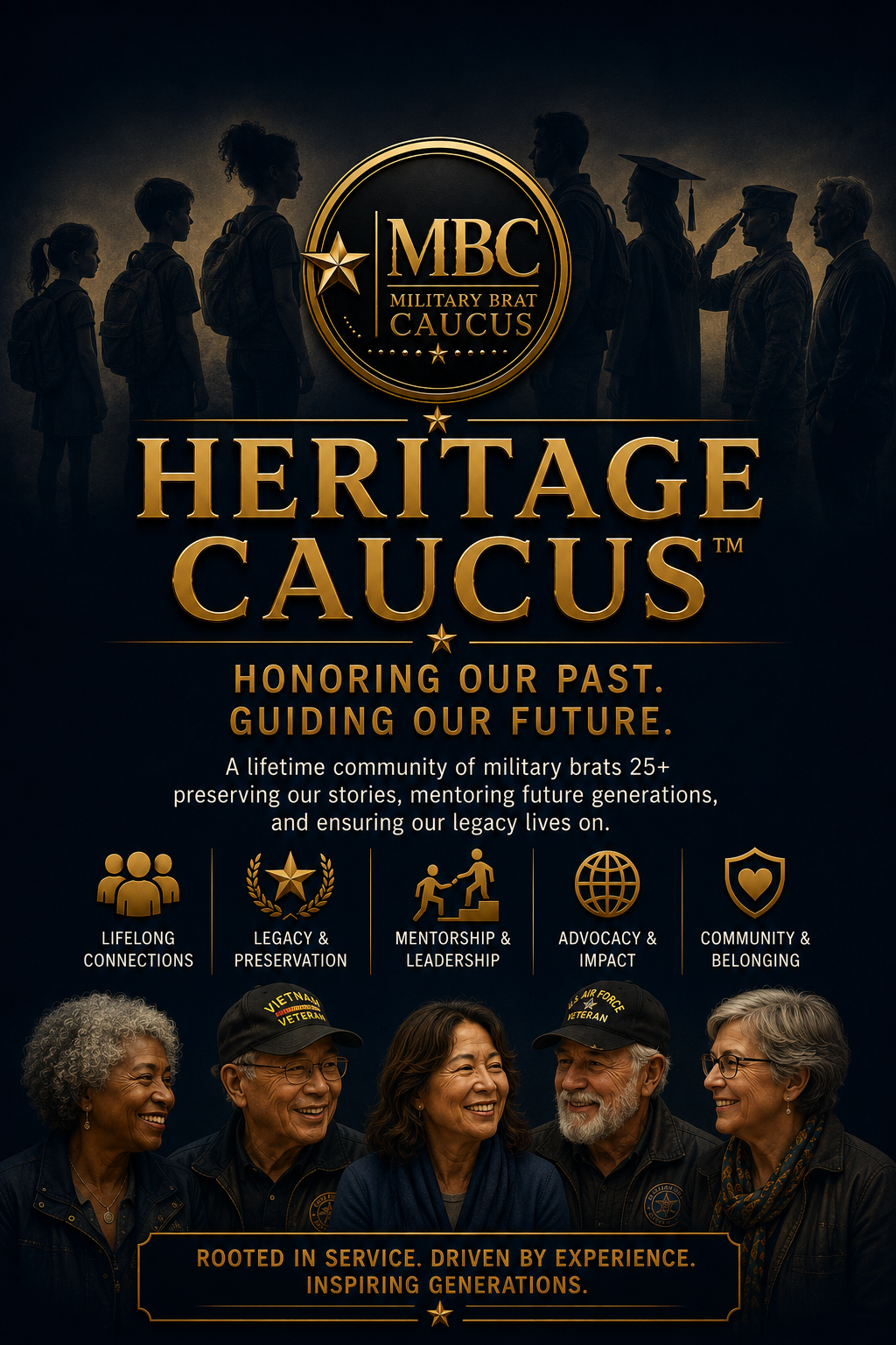 Military Brat Heritage Caucus featuring a silhouette of military family members and veterans, with text about honoring past and guiding future generations, emphasizing lifelong connections, legacy, mentorship, advocacy, and community, with photos of diverse military veterans at the bottom.
