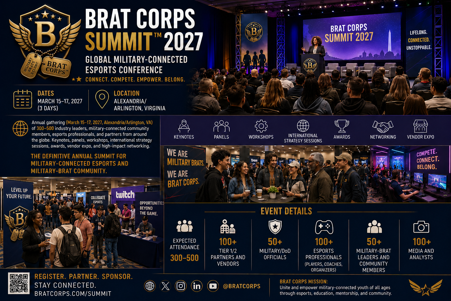 Promotional infographic for the Brat Corps Summit 2023. It features a large photo of a conference audience, a woman speaking on stage, and various sections detailing event dates, location, activities like keynotes, panels, workshops, awards, networking, and vendor expo. The infographic emphasizes military-connected esports, community, and the event's goal to connect youth through esports. It also highlights expected attendance, vendor partners, officials, esports professionals, and media. The design includes logos, icons, and a QR code for registration.