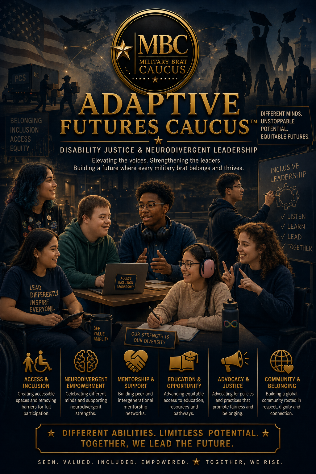 MBC Military Brat Caucus, focusing on adaptive futures, disability justice, and neurodivergent leadership. It features a diverse group of young people, including individuals in wheelchairs and headphones, engaged in discussions and activities. The poster highlights themes such as inclusion, empowerment, mentorship, education, advocacy, and community. The background includes silhouettes of military personnel, families, and American flags, emphasizing support for military families and neurodivergent strengths.