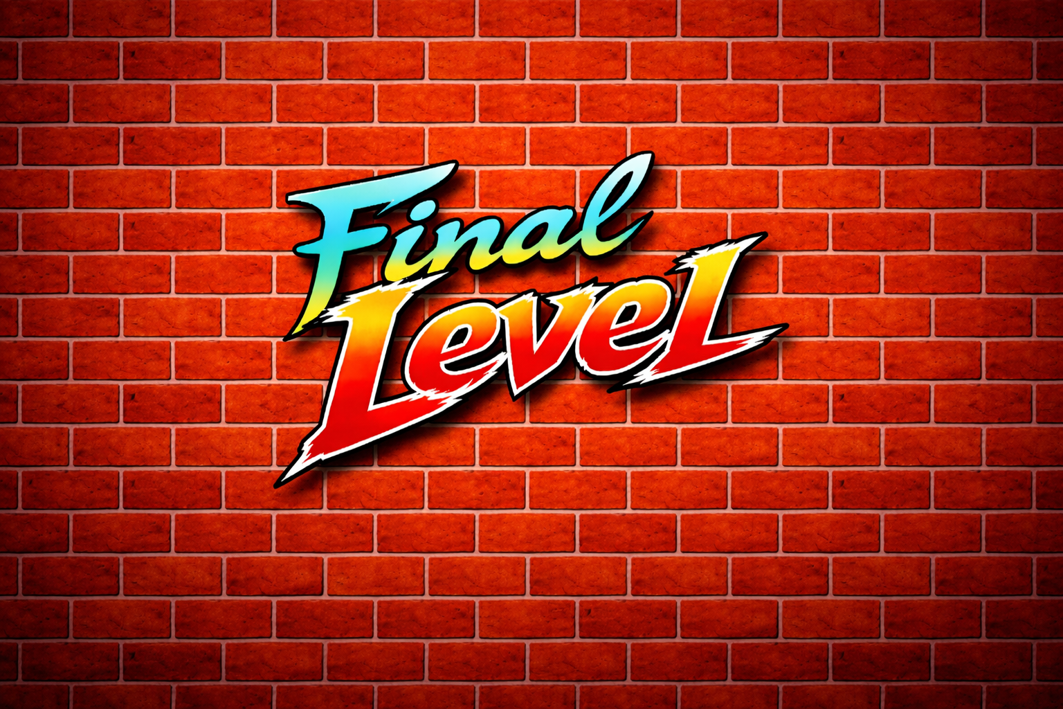 Logo colorato di 'Final Level' con sfondo di muro di mattoni rossi.