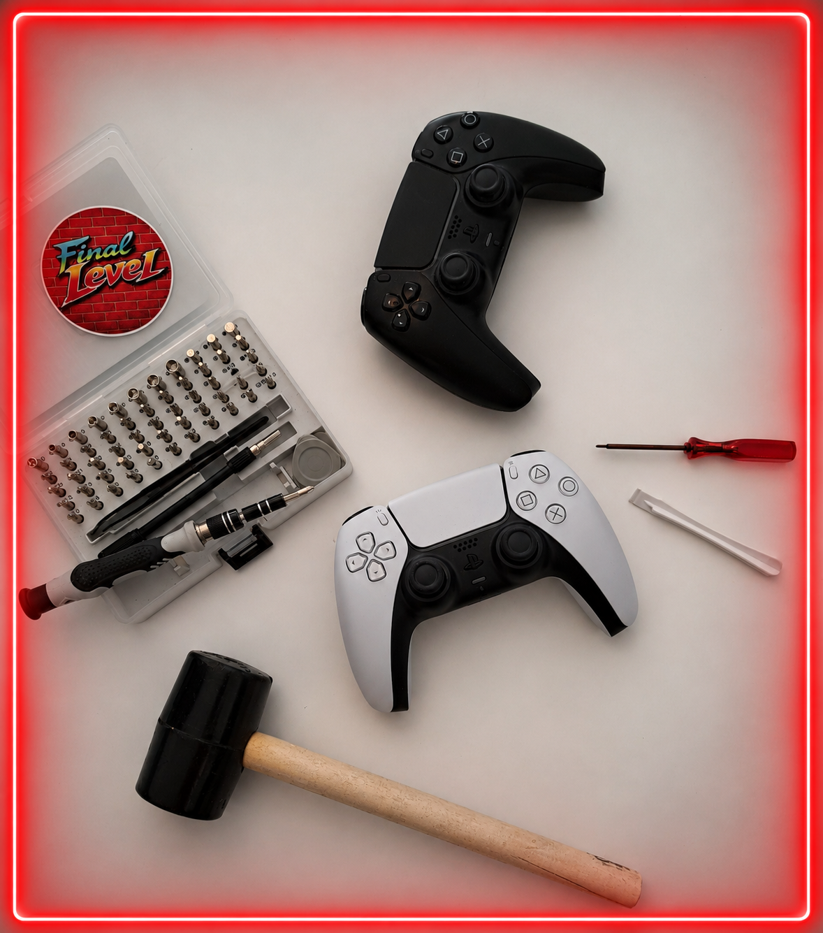 Due controller di console PlayStation, un set di attrezzi per riparazioni, un martello, un cacciavite e una confezione con le viti.