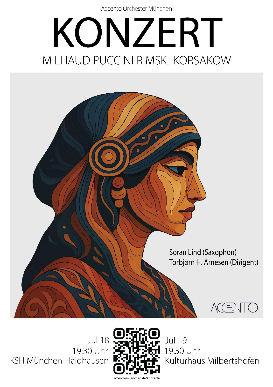 Concert poster featuring an artistic illustration of a woman's profile with intricate, stylized lines and warm colors. The event is by Accento Orchester München, performing works by Puccini, Rimsky-Korsakov, and others on July 18 and 19 at 7:30 PM in