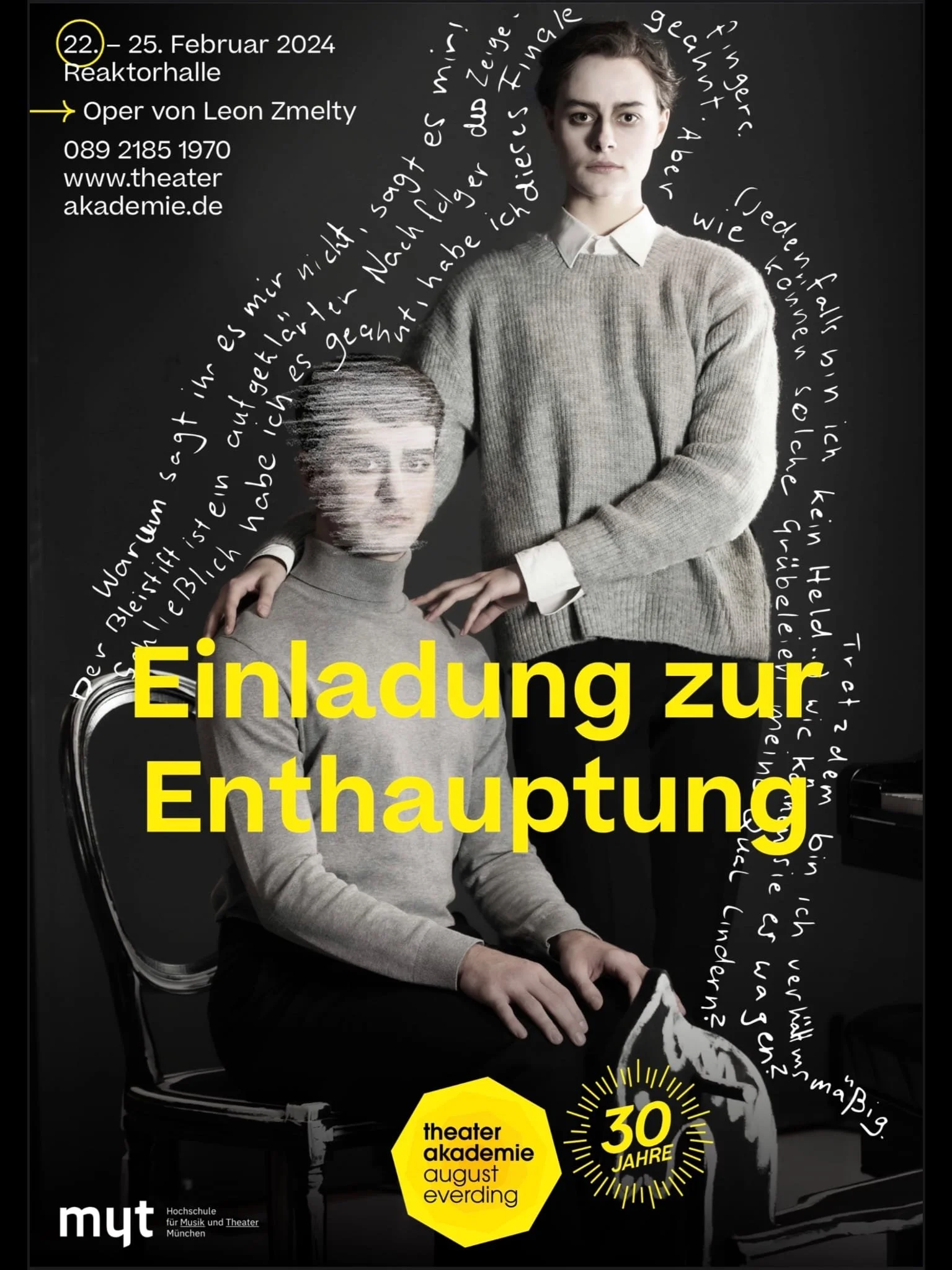Invitation poster for a theater event from February 22 to 25, 2024, at Reaktorhalle, featuring a black and white photo of two women, one standing and one sitting, with handwritten German text encircling their heads. The poster includes the event titl