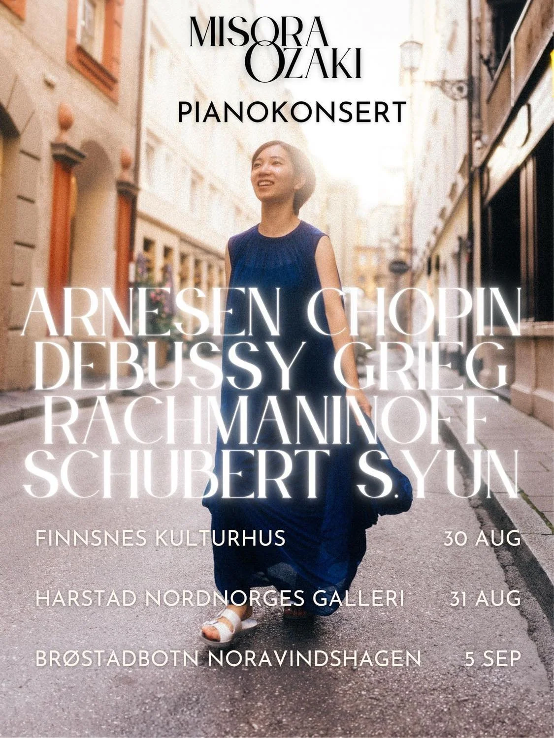 A woman walking down a narrow street with historic buildings on either side, promotional poster for a series of piano concerts featuring works by famous composers, including Arensen, Chopin, Debussy, Grieg, Rachmaninoff, Schubert, and S Y Yun, with d