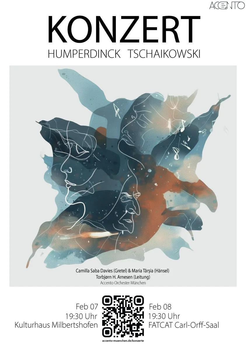 Concert poster featuring abstract illustrations of faces with a starry, cosmic background. Details include the title 'KONZERT,' performers Humperdinck, Tchaikovsky, and others, concert dates February 7 and 8, times at 7:30 PM, venues at Kulturhaus Mi