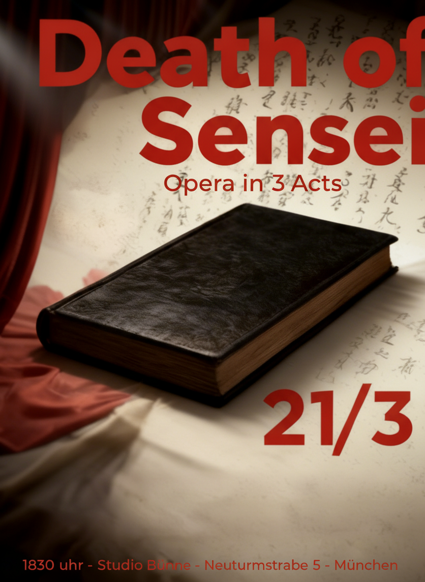 A promotional poster for the opera 'Death of Sense' showing a closed black book with handwritten script in the background, located in a studio in Munich, Germany.