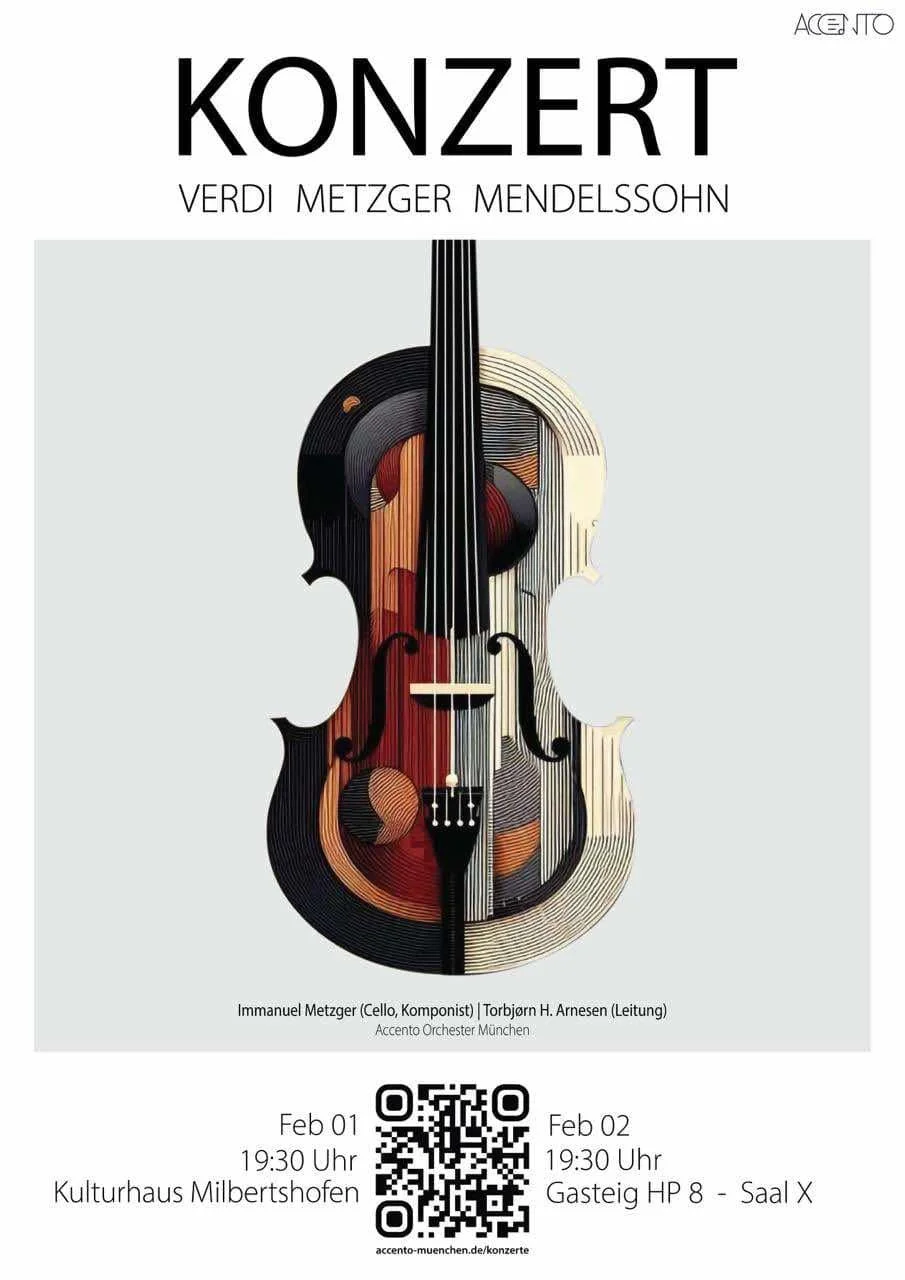 Concert poster featuring a stylized, artistic violin illustration. The event is a concert by Verdi, Metzger, and Mendelssohn, performed by the Accento Orchestra München. Details include dates, February 1 and 2 at 7:30 PM at Kulturhaus Milbertshofen, 
