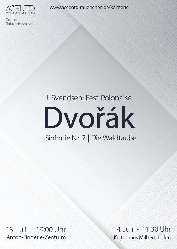 Concert poster featuring 'Dvořák' with details about a performance of his Symphony No. 7, titled 'Die Walddtaube,' conducted by Torbjörn H. Arnesen, scheduled for July 13 at 7:00 PM at Anton-Fingerle-Zentrum and July 14 at 11:30 AM at Kulturhaus Milb