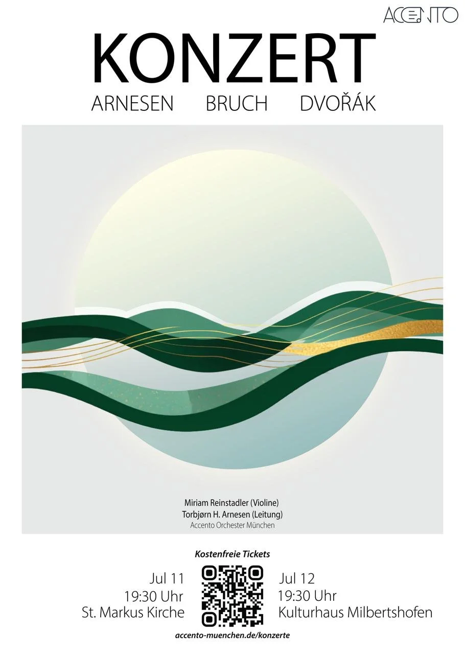 Concert poster for an event at Ace Ono featuring works by Arnesen, Bruch, and Dvořák, with details about the performers Miriam Reinstadler and Torbjørn H. Arnesen, scheduled on July 11th and 12th at 7:30 PM, locations at St. Markus Kirche and Kulturh