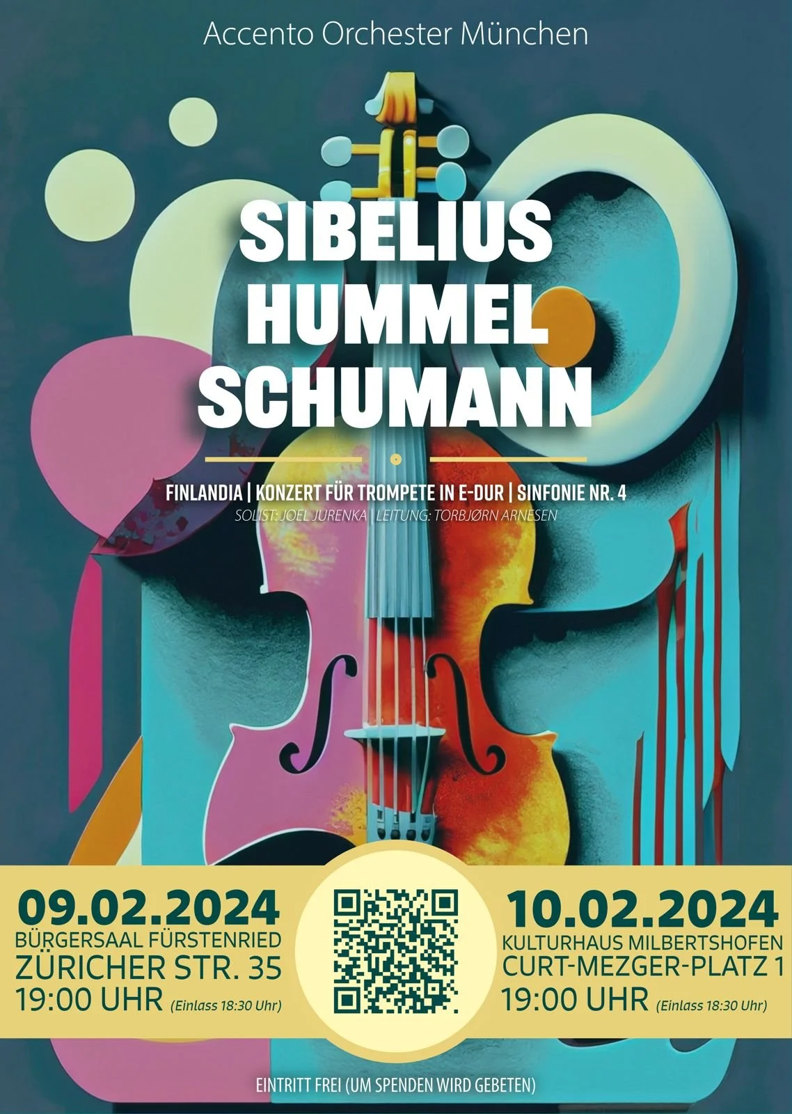 Concert poster for Sibelius, Hummel, and Schumann featuring colorful abstract design with violins, a horn, and musical elements, details about performances in Zurich and Milbertshofen in February 2024.
