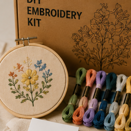 Embroidery kit with floral embroidery hoop, multiple skeins of embroidery floss in various colors, and a cardboard box labeled 'DIY Embroidery Kit' featuring a line drawing of flowers.