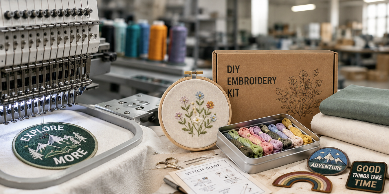 Embroidery workspace with an embroidery machine, embroidered patches, embroidery kit box, sewing thread spools, fabric, scissors, and stitch guide.