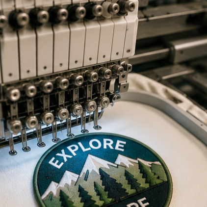 Embroidery machine stitching a patch with mountains, trees, and the word "Explore."