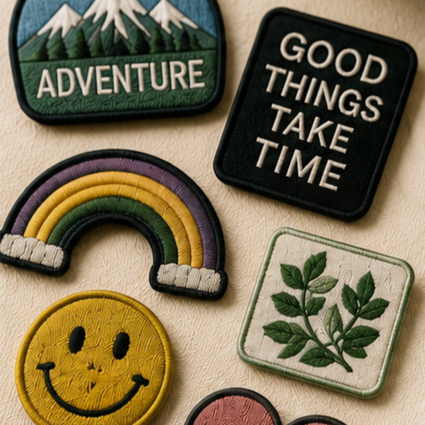 A collection of embroidered patches including mountains with trees and the word 'Adventure,' a black square with 'Good Things Take Time,' a rainbow with clouds, a green leafy plant, and a yellow smiley face.
