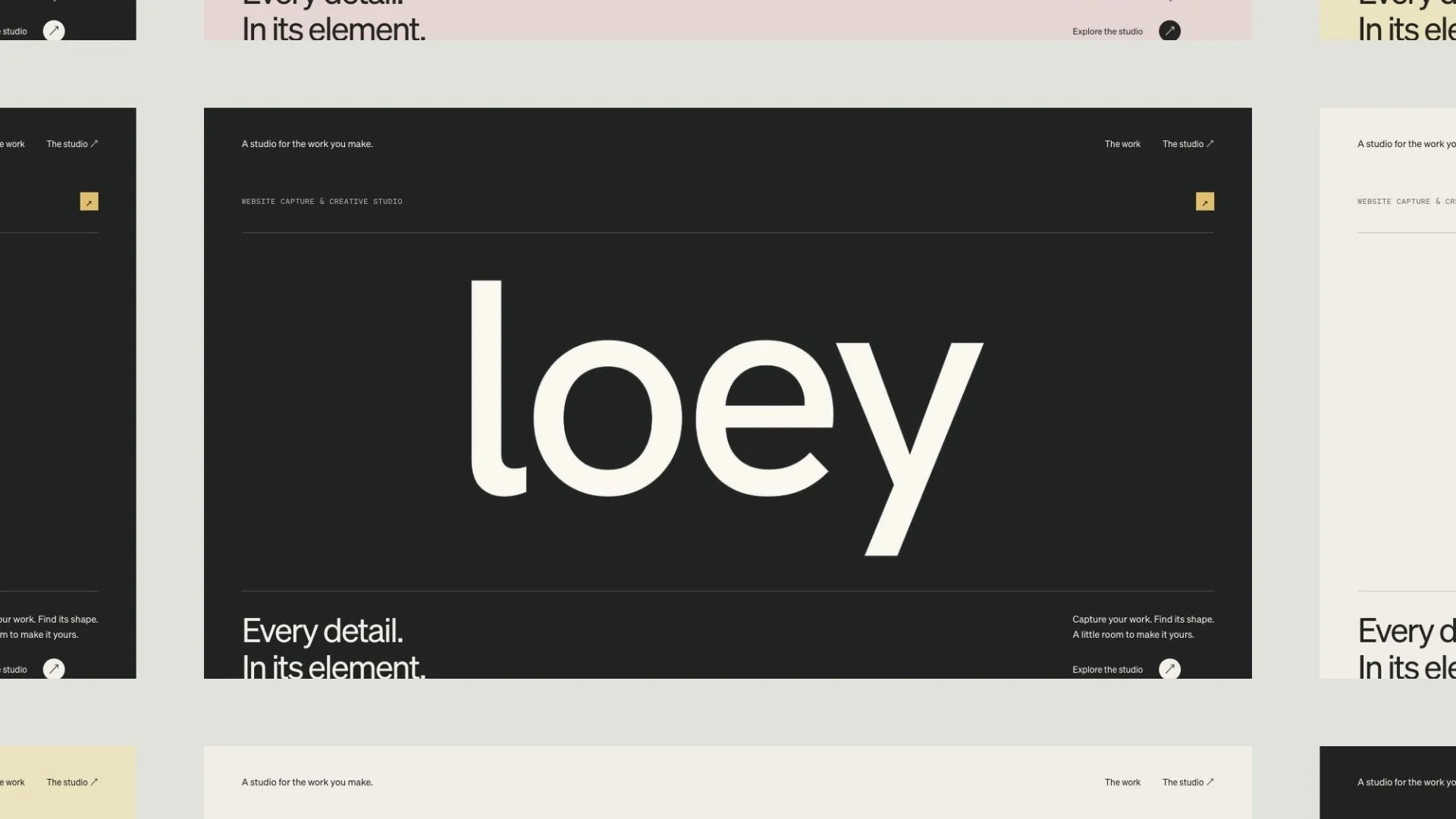 Loey Signature motion layout in charcoal, warm neutral, honey yellow and soft pink