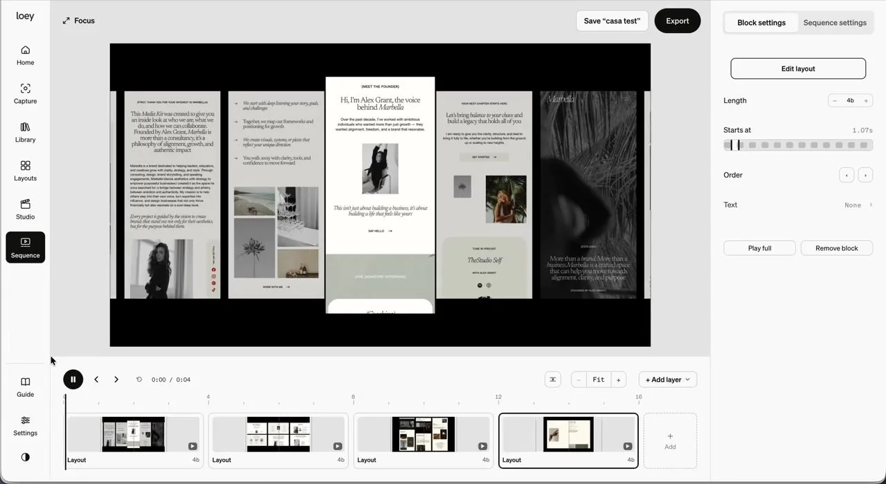 Loey Sequence playing four motion layouts with the timeline visible