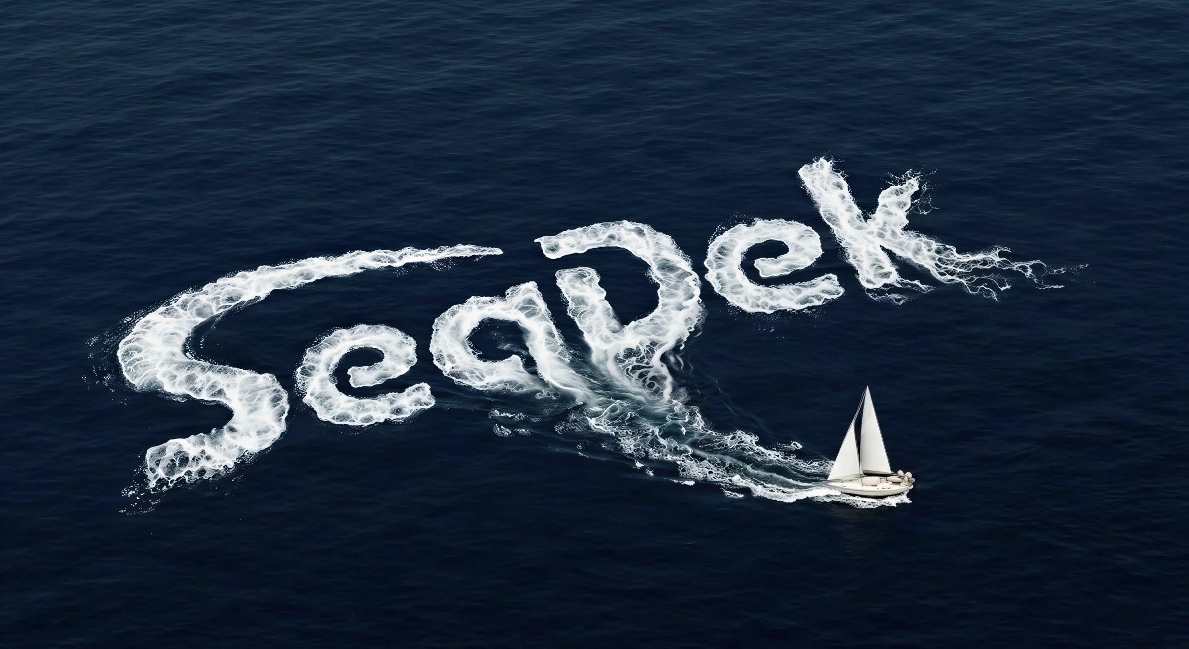Un yate en el mar formando la palabra 'SeaDek' con la estela de su movimiento, visto desde arriba.