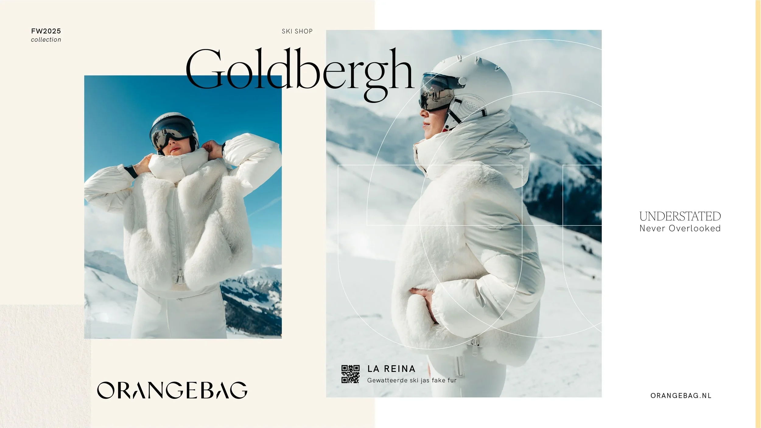 Orangebag image for winter sports collection featuring a woman in ski gear with snow-capped mountains in the background.