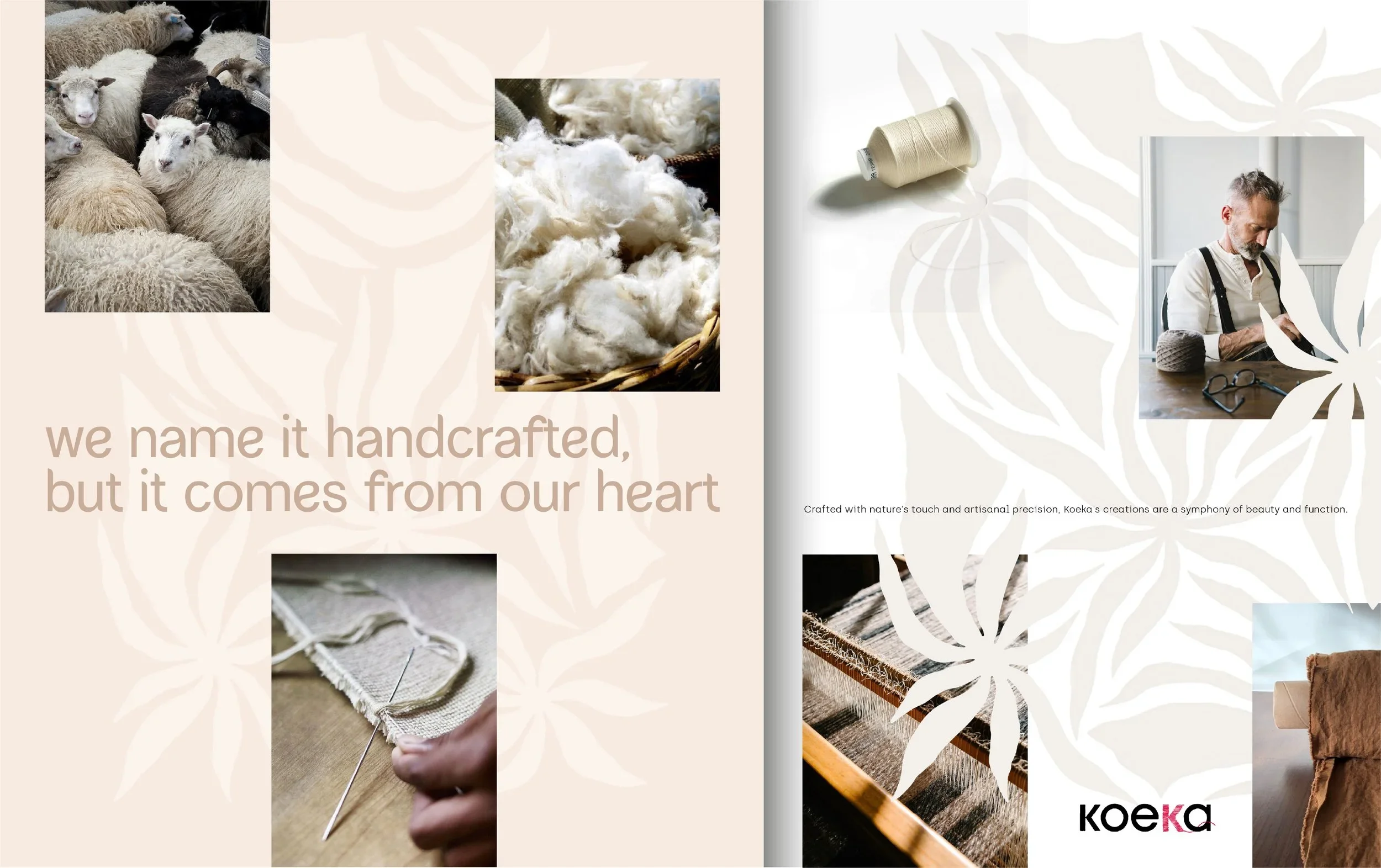 A collage of images of craftmanship, showing sheep, raw wool, yarn, weaving, and a man working on a craft project, with the text 'We name it handcrafted, but it comes from our heart' and the brand name 'Koeka'.